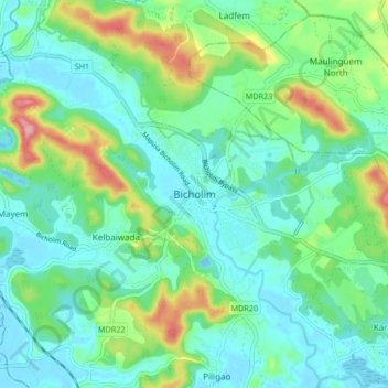 Mappa topografica Bicholim, altitudine, rilievo