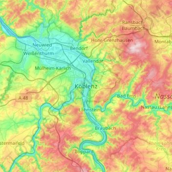 Mappa topografica Koblenz, altitudine, rilievo