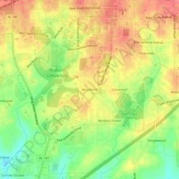 Mappa topografica Woodfield, altitudine, rilievo