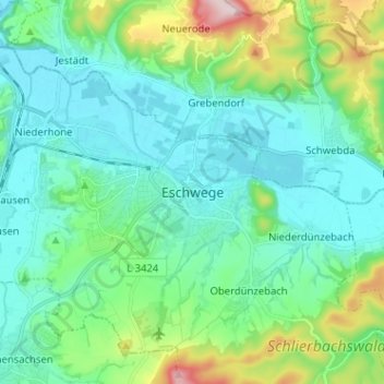 Mappa topografica Eschwege, altitudine, rilievo