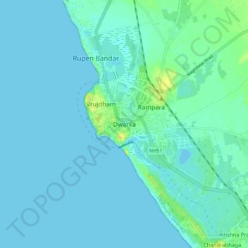 Mappa topografica Dwarka, altitudine, rilievo