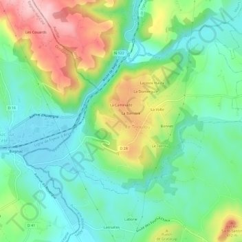 Mappa topografica Crouzols, altitudine, rilievo