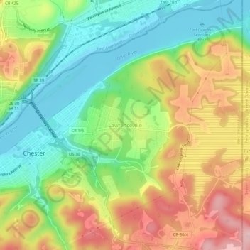 Mappa topografica Lawrenceville, altitudine, rilievo
