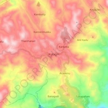 Mappa topografica Kotagiri, altitudine, rilievo