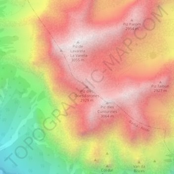 Mappa topografica Piz dles Döes Forceles, altitudine, rilievo