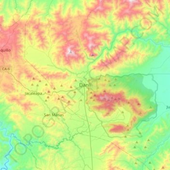 Mappa topografica Danlí, altitudine, rilievo