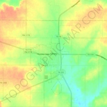 Mappa topografica Olney, altitudine, rilievo