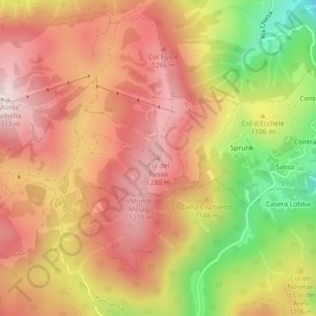 Mappa topografica Col del Rosso, altitudine, rilievo