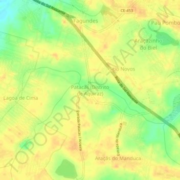 Mappa topografica Patacas (Distrito de Aquiraz), altitudine, rilievo