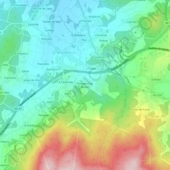 Mappa topografica Nogueiró de Abaixo, altitudine, rilievo