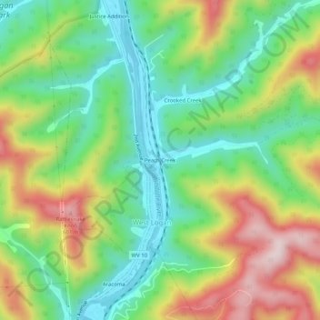 Mappa topografica Peach Creek, altitudine, rilievo