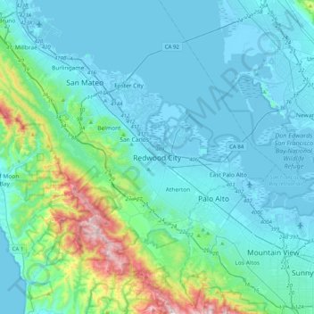 Mappa topografica Redwood City, altitudine, rilievo