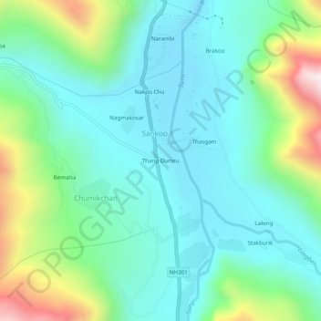 Mappa topografica Thang Dumru, altitudine, rilievo