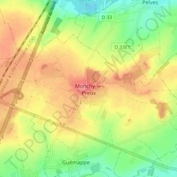 Mappa topografica Monchy-le-Preux, altitudine, rilievo