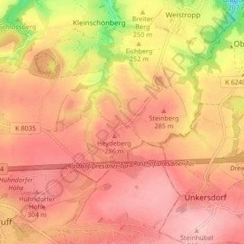 Mappa topografica Hühndorf, altitudine, rilievo