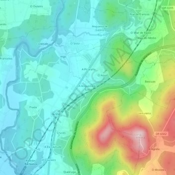 Mappa topografica A Angueira de Suso, altitudine, rilievo