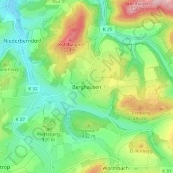 Mappa topografica Berghausen, altitudine, rilievo