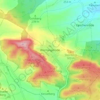Mappa topografica Werningerode, altitudine, rilievo