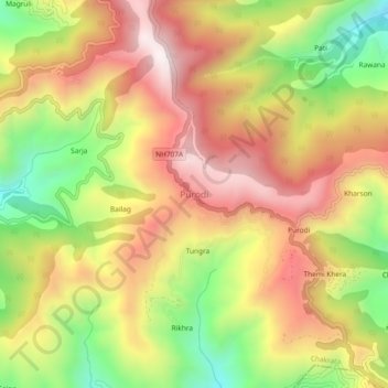 Mappa topografica Purodi, altitudine, rilievo
