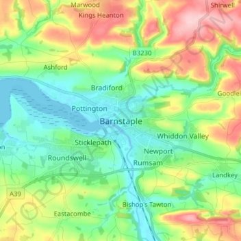 Mappa topografica Barnstaple, altitudine, rilievo