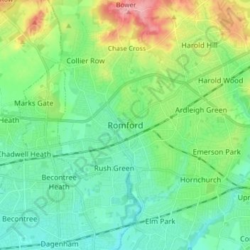 Mappa topografica Romford, altitudine, rilievo