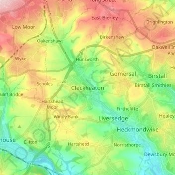 Mappa topografica Cleckheaton, altitudine, rilievo