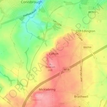 Mappa topografica Clifton, altitudine, rilievo