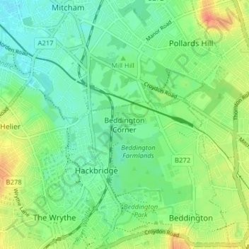 Mappa topografica Beddington Corner, altitudine, rilievo