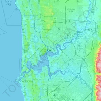 Mappa topografica Perth, altitudine, rilievo