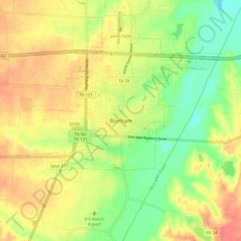 Mappa topografica Bonham, altitudine, rilievo
