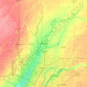 Mappa topografica Noblesville, altitudine, rilievo