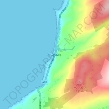 Mappa topografica Muasdale, altitudine, rilievo