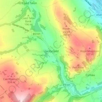 Mappa topografica Llanfynydd, altitudine, rilievo