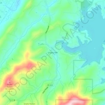 Mappa topografica Greens Mill, altitudine, rilievo