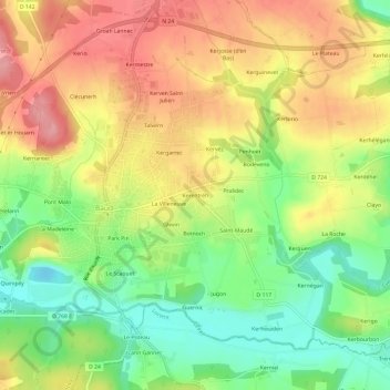 Mappa topografica Kerentréh, altitudine, rilievo