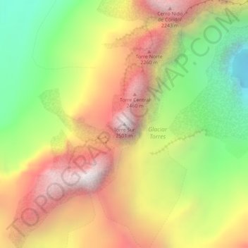 Mappa topografica Torres del Paine, altitudine, rilievo
