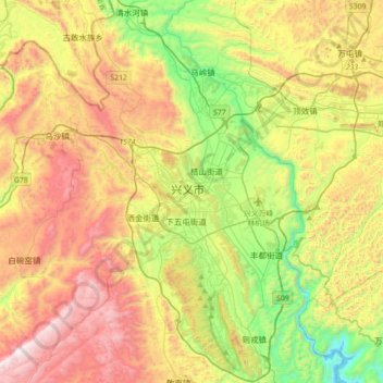 Mappa topografica 兴义市, altitudine, rilievo