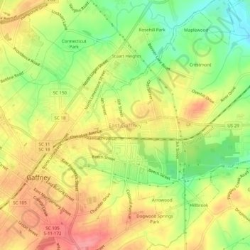 Mappa topografica East Gaffney, altitudine, rilievo