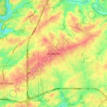 Mappa topografica Dunwoody, altitudine, rilievo