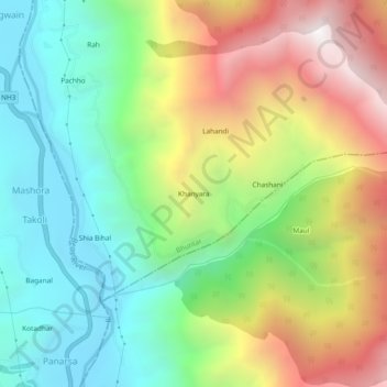 Mappa topografica Khanyara, altitudine, rilievo