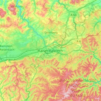 Mappa topografica Kaiserslautern, altitudine, rilievo