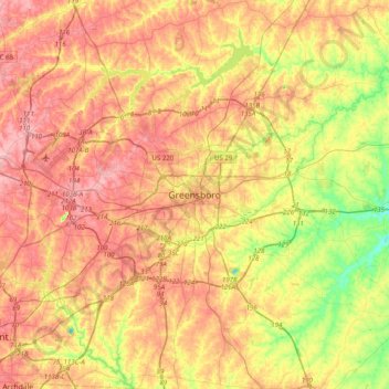 Mappa topografica Greensboro, altitudine, rilievo