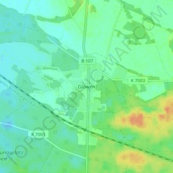 Mappa topografica Glöwen, altitudine, rilievo