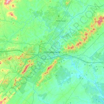 Mappa topografica Charlottesville, altitudine, rilievo