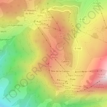 Mappa topografica Tête de Cabeau, altitudine, rilievo