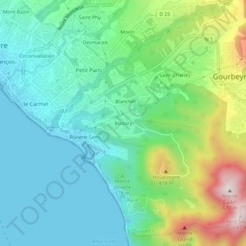 Mappa topografica Bisdary, altitudine, rilievo