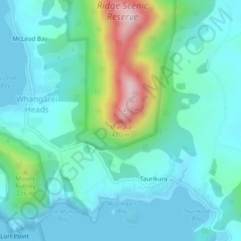Mappa topografica Manaia, altitudine, rilievo