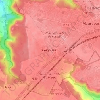 Mappa topografica Coignières, altitudine, rilievo