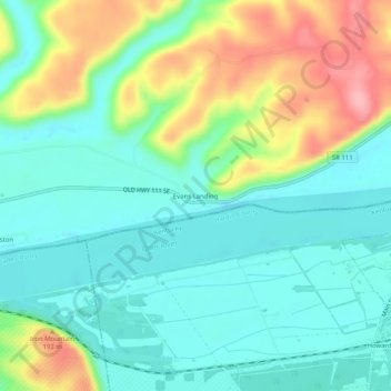 Mappa topografica Evans Landing, altitudine, rilievo