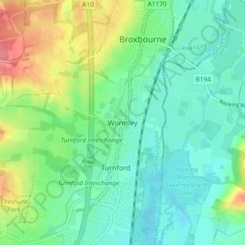 Mappa topografica Wormley, altitudine, rilievo